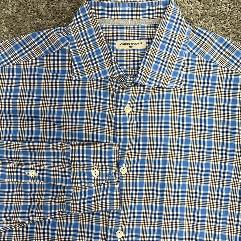 Angelo Nardelli Blue Multi Check Plaid Button Up Cotton Shirt Men’s M ~ Italy
